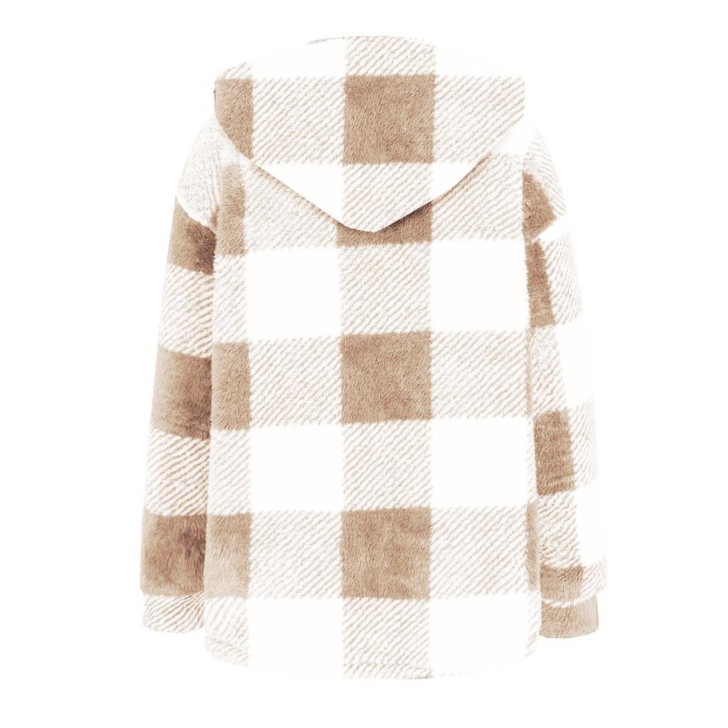 Dámská kostkovaná plyšová bunda s kapucí a knoflíkem