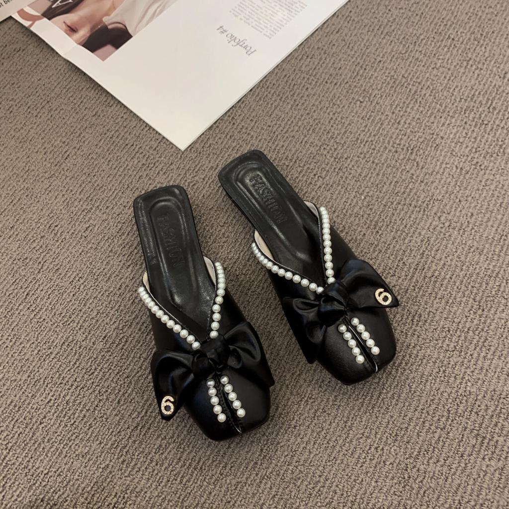 Baotou slippers spring wear 2025 new Korean version bow pearl flat bottom soft bottom mouth cool retro half slippers