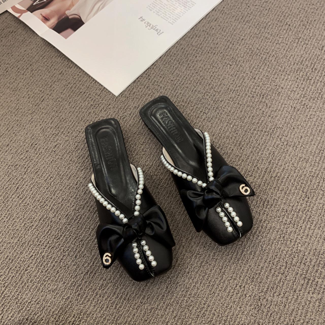 

Туфли-баотоу весна 2025 новая корейская версия бант жемчуг плоская подошва мягкая подошва открытый мыс ретро полушлепанцы 41 чёрный