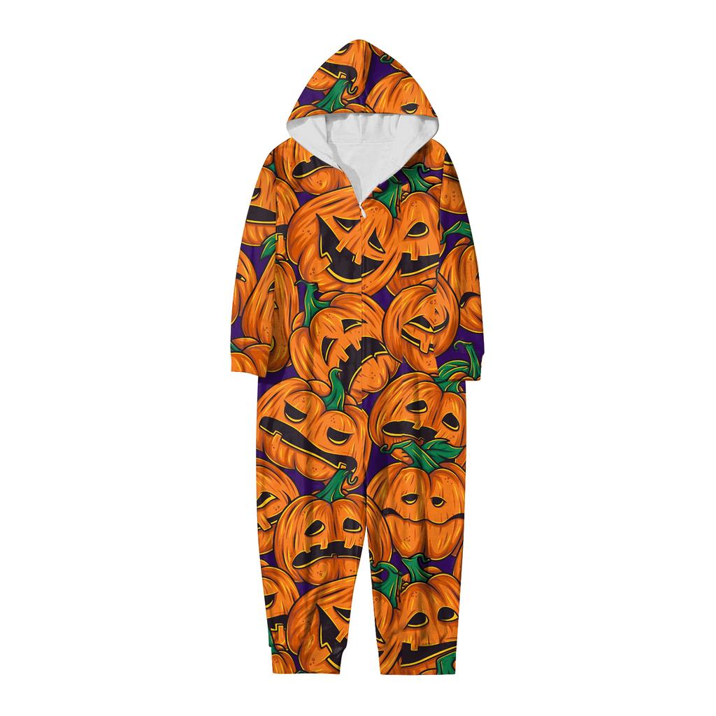 Halloween Printed Family Matching Hooded Long Sleeved Zippered Hooded Jumpsuit Set