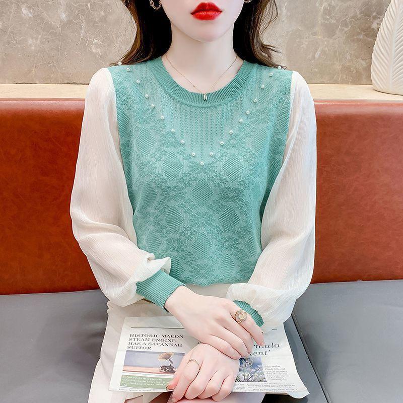 

Весенне-осенняя вязаная рубашка во французском стиле, женский топ с круглым вырезом, свободный, с цветными блоками, рубашка с длинным рукавом 3XL зелёный