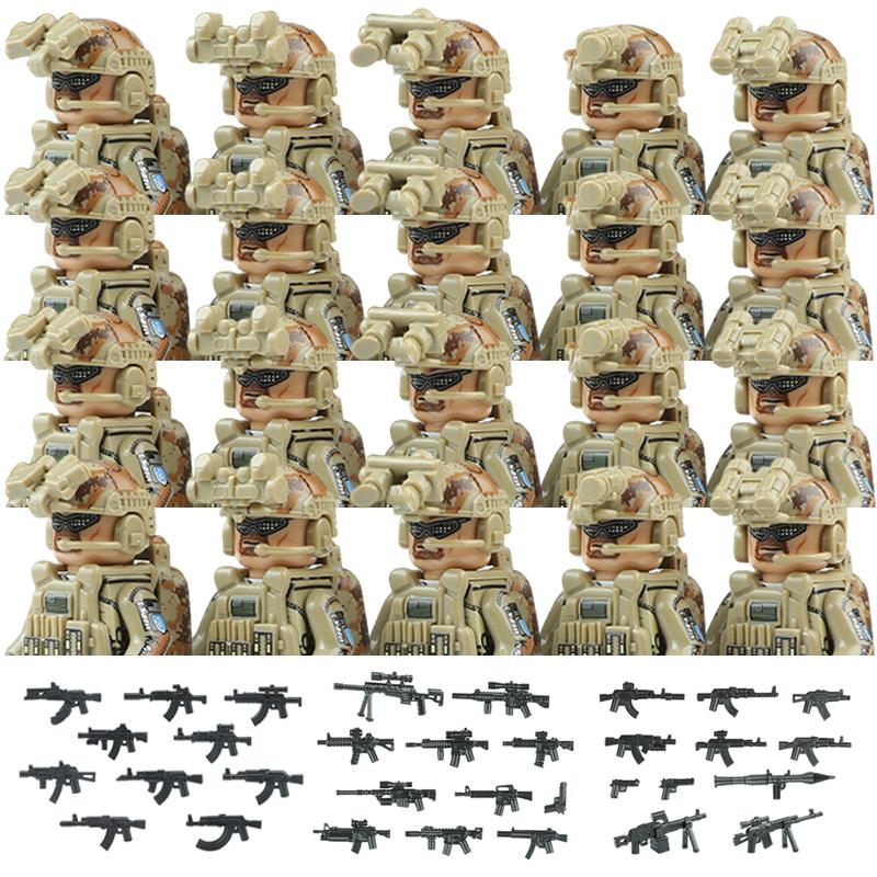 20PCS Military Army Figures Building Blocks SWAT Ghost Commando US Russia Special Forces Soldier Weapons Shield Belt Bricks Toys