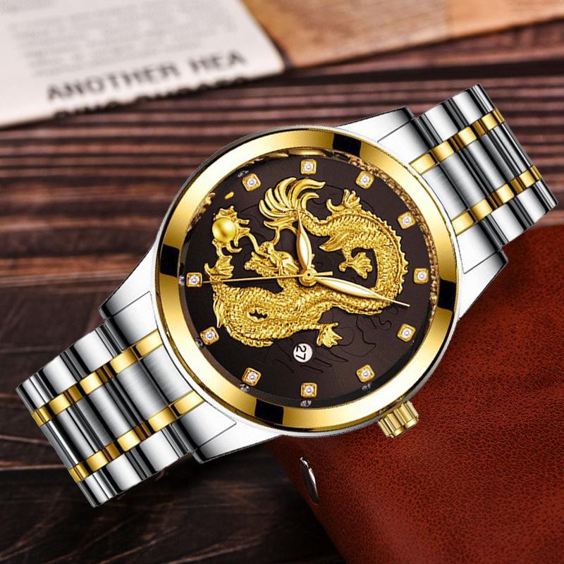 Ceas de cuarț pentru bărbați de lux de marcă de top Ceas cu dragon de aur în relief în stil chinezesc, cu bandă de oțel