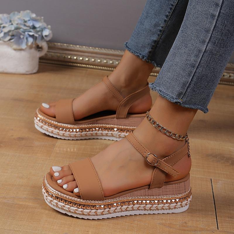 Summer new muffin open-toed sandals one-word buckle with high heels women's fashion platform wedge heel women's shoes