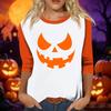 Women's Casual Three Quarter Sleeve Halloween Pumpkin Face Print Crew Neck Shirt Lightweight Comfortable Fit Top for Fall