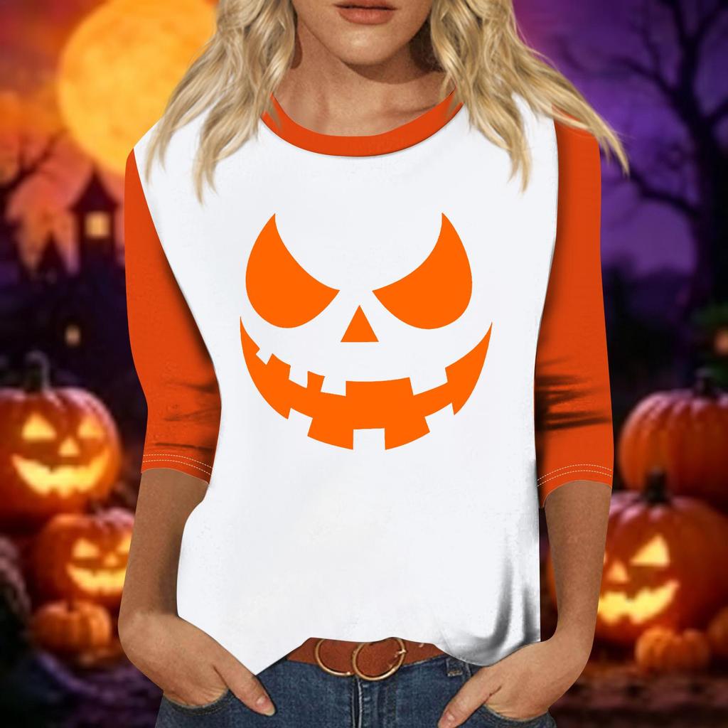 Women's Casual Three Quarter Sleeve Halloween Pumpkin Face Print Crew Neck Shirt Lightweight Comfortable Fit Top for Fall