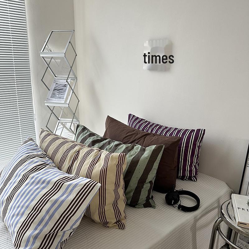 Solid Color Striped Pure Cotton Pillowcase (Single Piece)