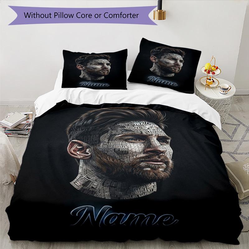 Messi Soccer Star Signature Portrait Personalized Name Bedding Set,Cozy Bed Linen for Teen Boys Bedroom Decoration,Perfect Birthday Gift,Washable Duve