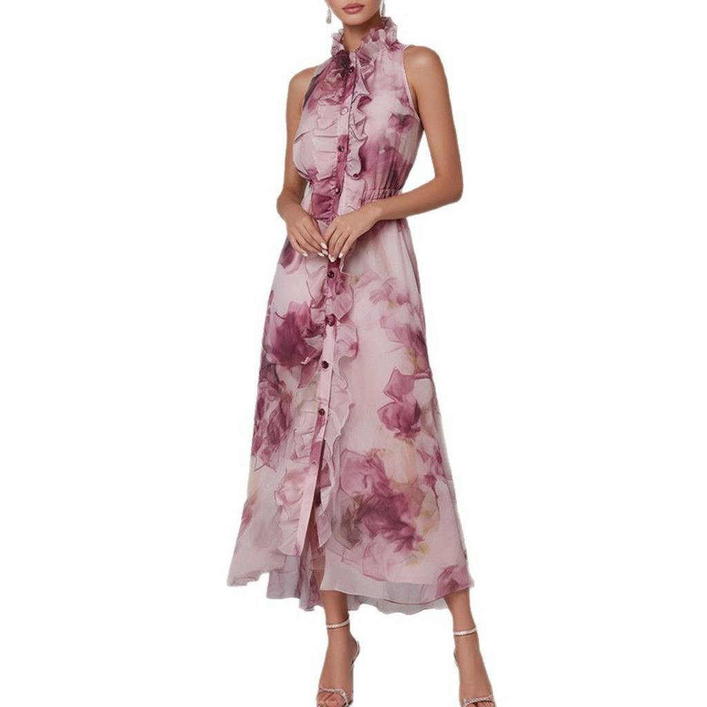 Spring New Arrival Women's Dress, Elegant Fashion Printed Ruffled Trim Sleeveless Dress for Women, European American Style Casual Party Dress
