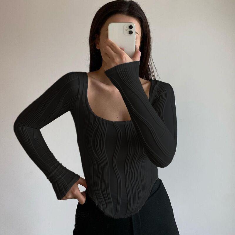 Women s Slim-Fit Water Ripple U-Neck Crop Top - Long Sleeve, Autumn Collection 2025 Small