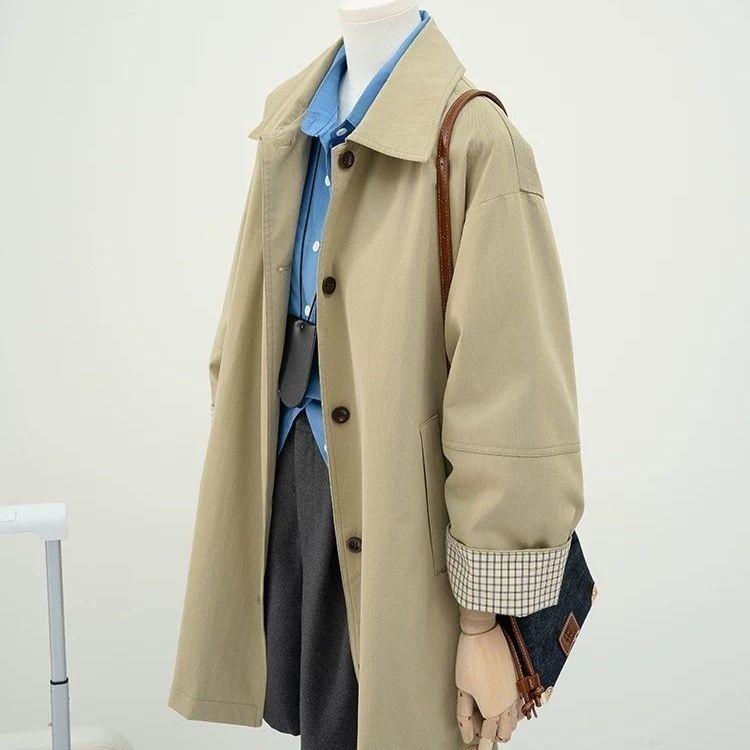 

Женский тренч цвета хаки в стиле колор-блок – Коллекция весна/осень 2025, Маленький размер, Свободный крой, Повседневная рабочая одежда S 100-115