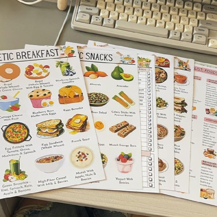 12 Pièces Tableau Alimentaire pour Diabétiques & Planificateur de Repas Liste d'Aliments pour les Courses pour Diabétiques Feuilles de Référence Alimentaire Diététique pour Diabétiques