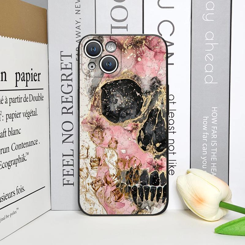 Retro Gothic Night Flower Skull Head Printed Phone Case for iPhone 17 16 12 11 14 Plus 13 14 15 Pro Max Mini X Floral Soft Cover