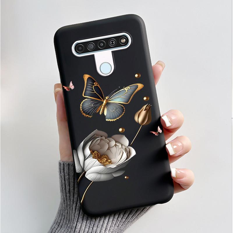 For LG Q61 LM-Q630N Slim Black Soft Silicone Case Luxury Fashion Flower Butterfly Painted Cover for LG K61 Q61 Q 61 Phone Casing
