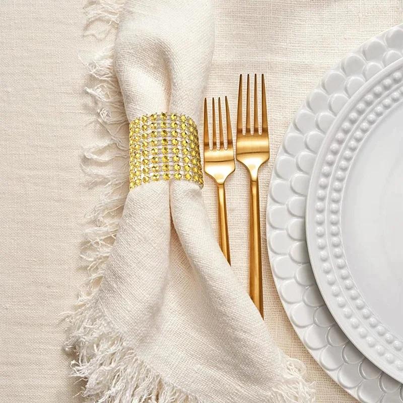 10Pcs Napkin Rings Silver Gold Rhinestone Bows Holder Ring Serviette Buckles Wedding Event Decoration Party Supplies