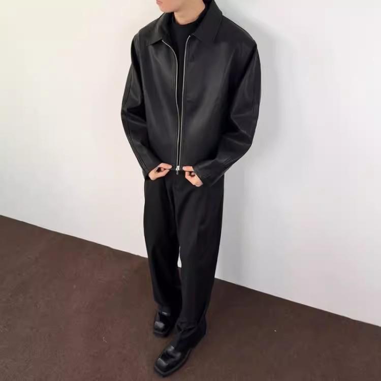 Men's American Retro Cleanfit Red Lined High-End PU Leather Jacket for Spring/Autumn