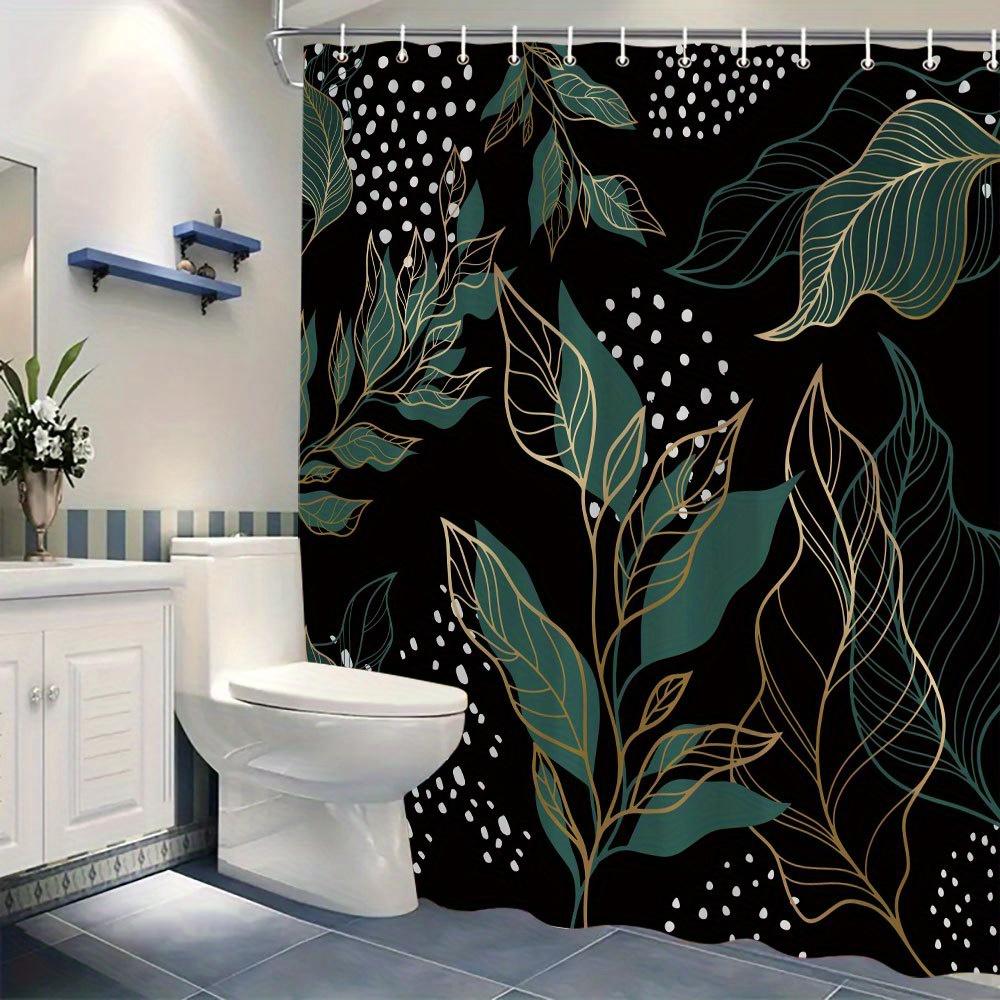 1 Stück Moderne Botanische Duschvorhang - Petrol & Goldblatt, Abstrakte Punkte, 70x70 Zoll, Polyester, 12 Haken, Stilvolle Baddeko