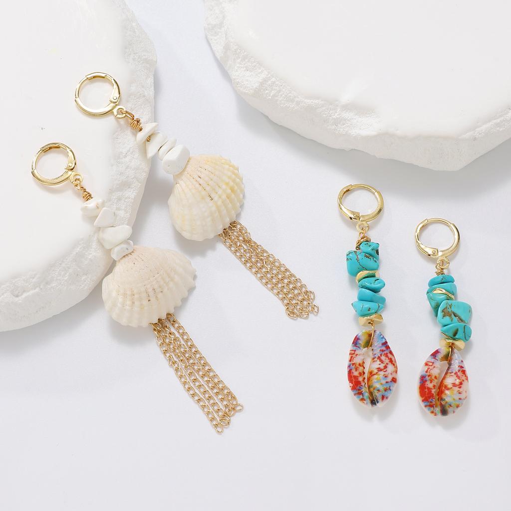 Summer Beach Vacation Matching Seashell Conch Drop Earrings for Women Girls Ethnic Style Alloy Gravel Hanging Earring Zircon