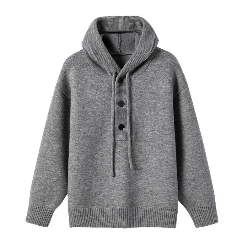 Men's Winter Heavyweight Hooded Knit Sweater - Solid Color Button Cardigan, Relaxed Fit, Urban Style.