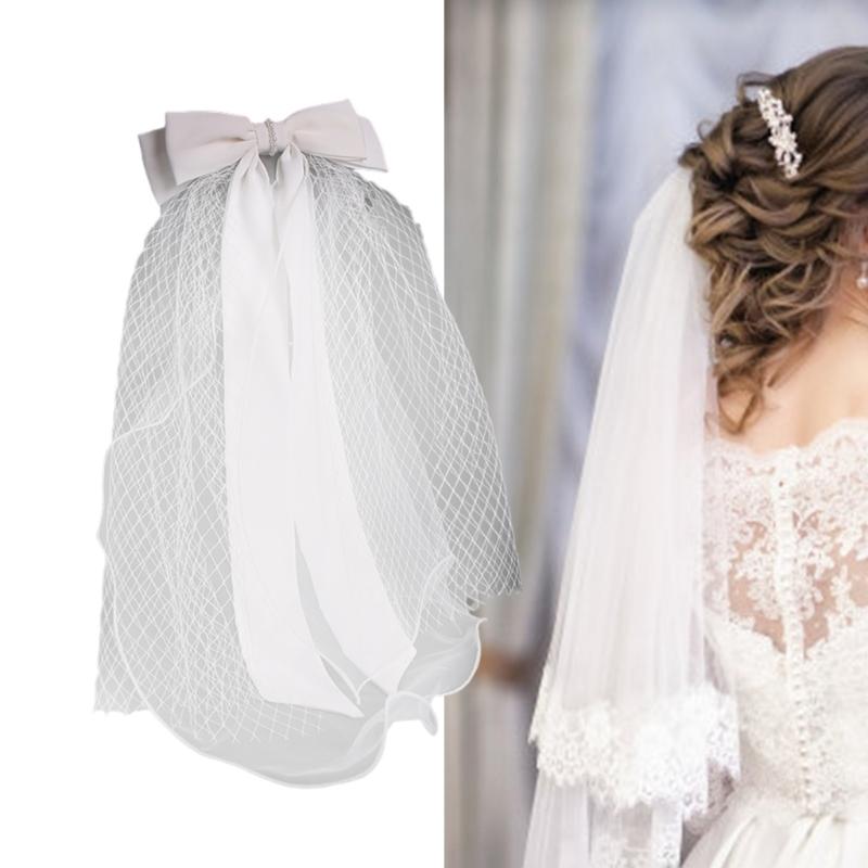Ribbon Bowknot Long Tulle Marriage Bridal Veil with Fix Hair Clip for Marriage Wedding Celebration Party Accessories