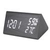 Wooden Digital Alarm Clock Triangular Voice Control Electronic LED Clock for Bedroom Office Black Wood White Letter