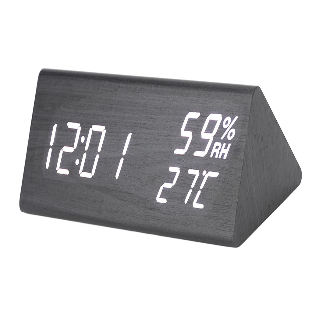 Wooden Digital Alarm Clock Triangular Voice Control Electronic LED Clock for Bedroom Office Black Wood White Letter