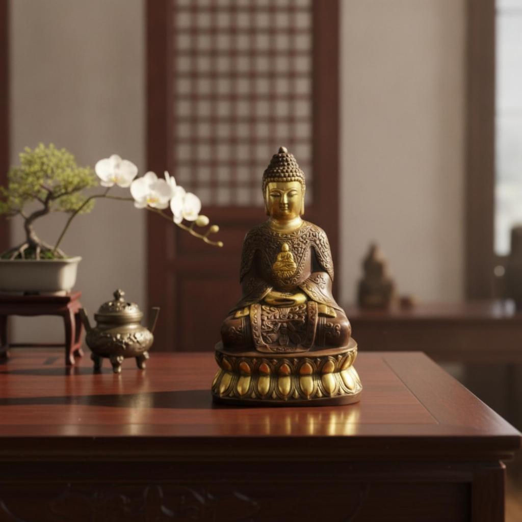 Buddha Statue with Pedestal Gilded AntiqueStyle Figurine for Collectors,