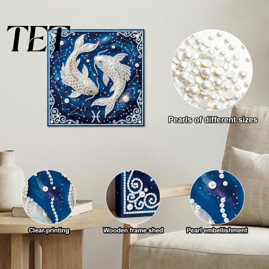 Adults Faux Pearl Painting Kit DIY Kit, 12 Constellation Rhinestone Art Set for Beginners Beginners, Handmade Wooden Frame Fake Wall Decoration