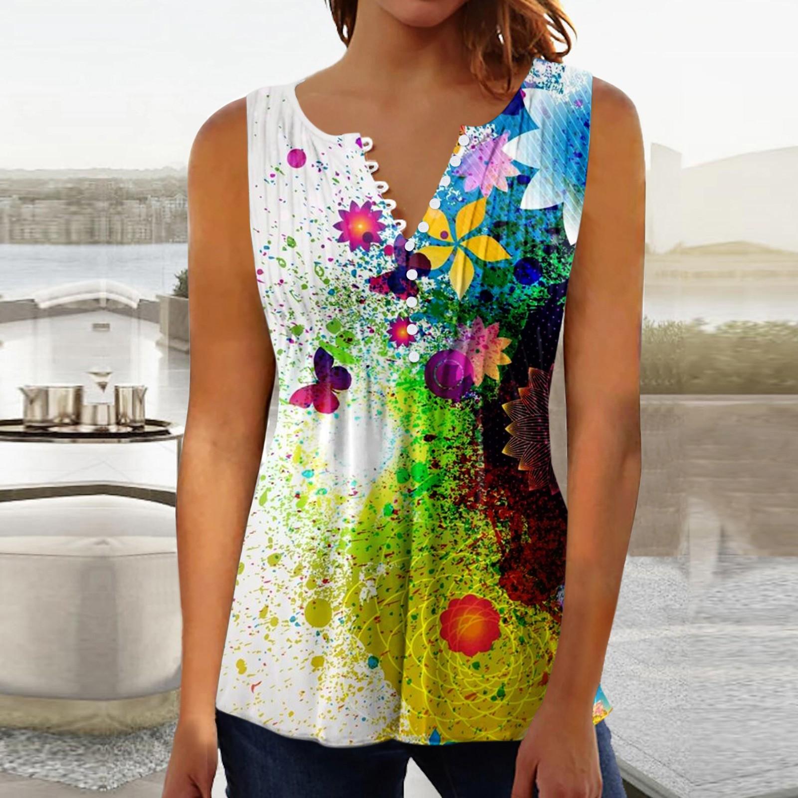 Women s Casual Round Neck Vest Printed Pleated Single Breasted Sleeveless Top XXXL белый