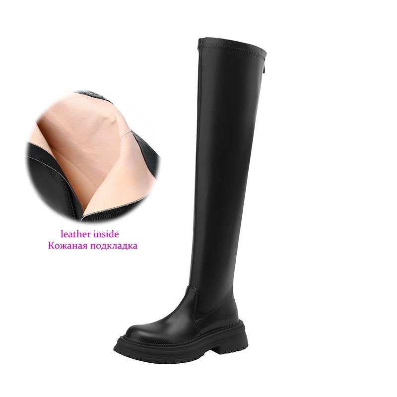 Krazing Pot Microfiber Autumn Winter Shoes Med Heels Flat Platform Size 42 Over-the-knee Boots Slip on Elastic Thigh High Boots