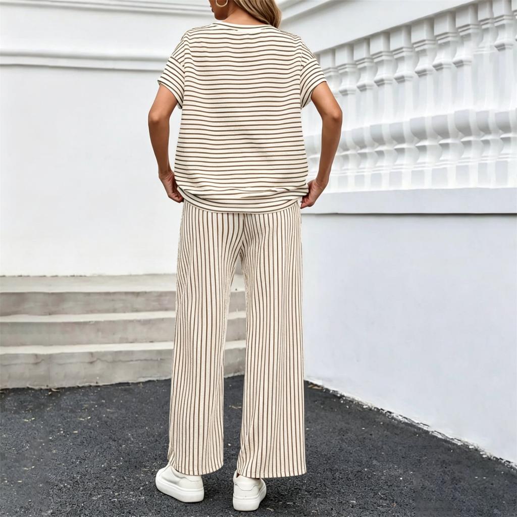 Women's Casual Two Piece Set Striped Top and Pants Loose Fit Short Sleeve Pullover with Elastic Waistband Wide Leg Trousers
