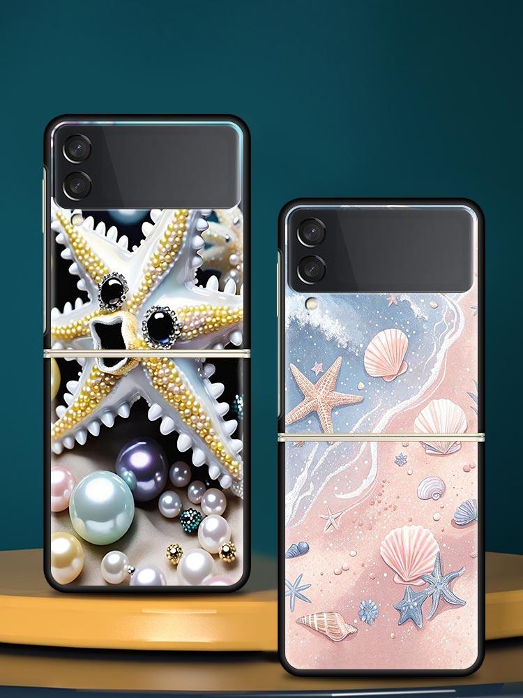 Ocean Coastal Seashell Seaweed Pattern Hard PC Phone Case For Samsung Galaxy Z Flip 7 6 5 4 Black Cover For Galaxy Z Flip3 Shell