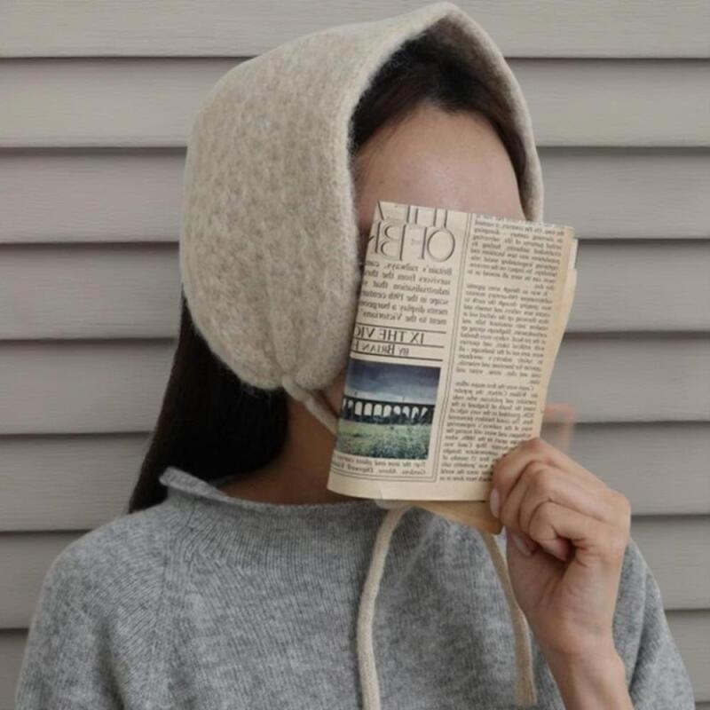 Women's Wool Knit Earmuff Round Ribbon Warm Hat