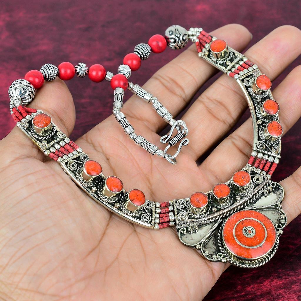 Orange & Red Coral Handmade Gemstone Nepali Necklace, 925 Solid Sterling Silver Necklace Antique Jewelry, Adjustable Chain Necklace Engagement Gift