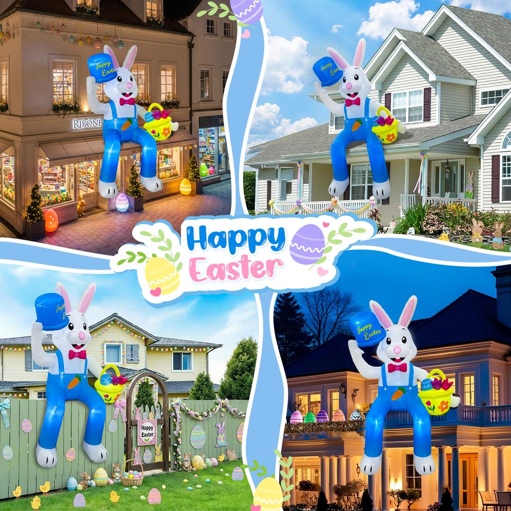 8ft Giant Inflatable Easter Bunny with LED Lights Outdoor Yard Decoration Blow up White Rabbit with Top Hat and Basket