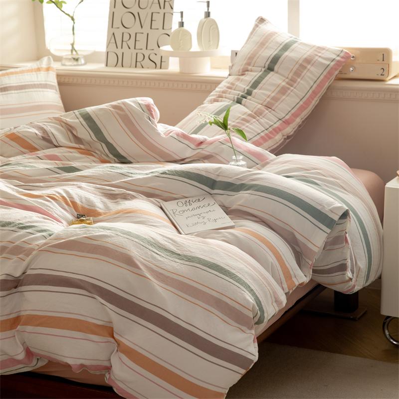 Striped Duvet Cover Set Queen 100% Washed Cotton Bedding Set, Luxury Soft Pink Vertical Ticking Stripes Comforter Cover, (3pcs)