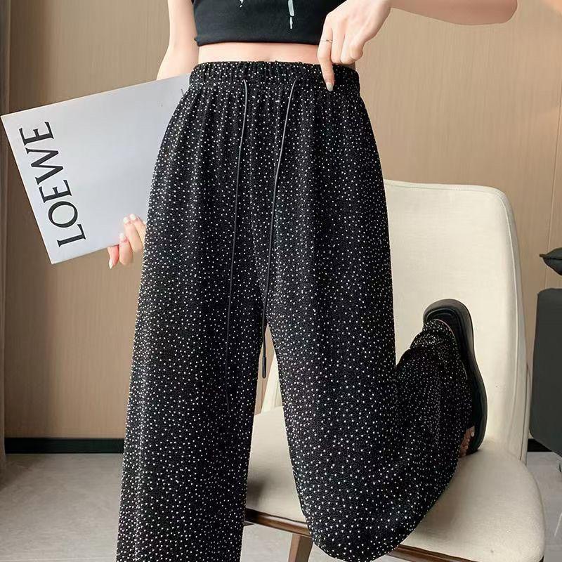 Shiny Rhinestone Sequin High-Waisted Wide-Leg Pants - Women's Summer Korean Style Ice Silk Loose Fit
