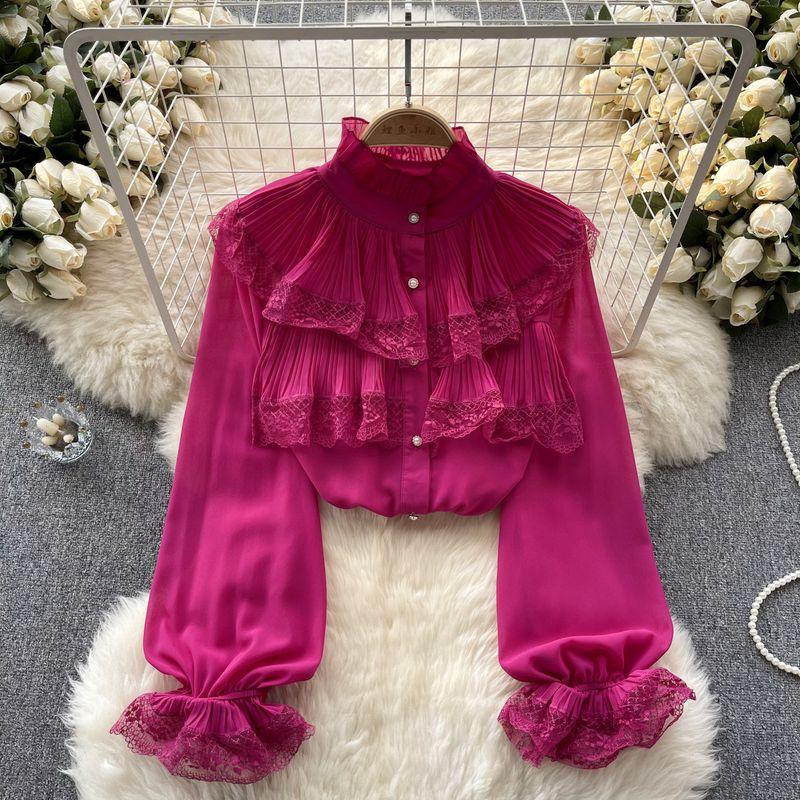 

Spring Heavy Industry Pleated Ruffles Sweet Lace Shirt Purple One size
