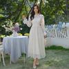 Elegant Lace Dress Women Mesh Embroidery Lanetern Sleeve Elegant Vintage Long Robe Holiday Prom Party Dresses