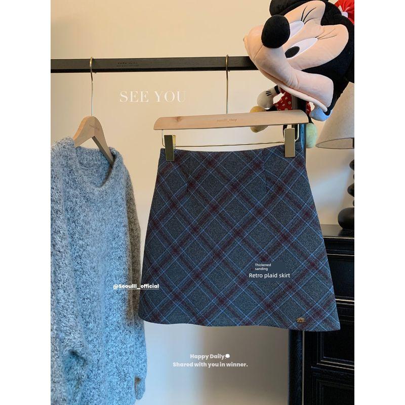 Kumikumi Preppy Contrast Color Plaid Retro All-Match Skirt Women's Autumn High Waist Slimming A- line Skirt Short dress