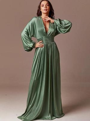 Elegante Abito da Sera Stile Europeo e Americano con Maniche a Lanterna Arricciate, Scollo a V, Lungo in Raso Crepe, Lunghezza Pavimento.