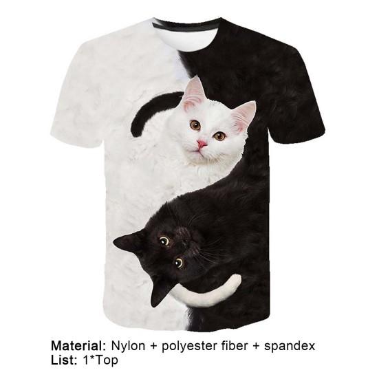 T-shirt Short Sleeve 3D Cats Print Top Men Women Color Block O Neck Blouse for Summer