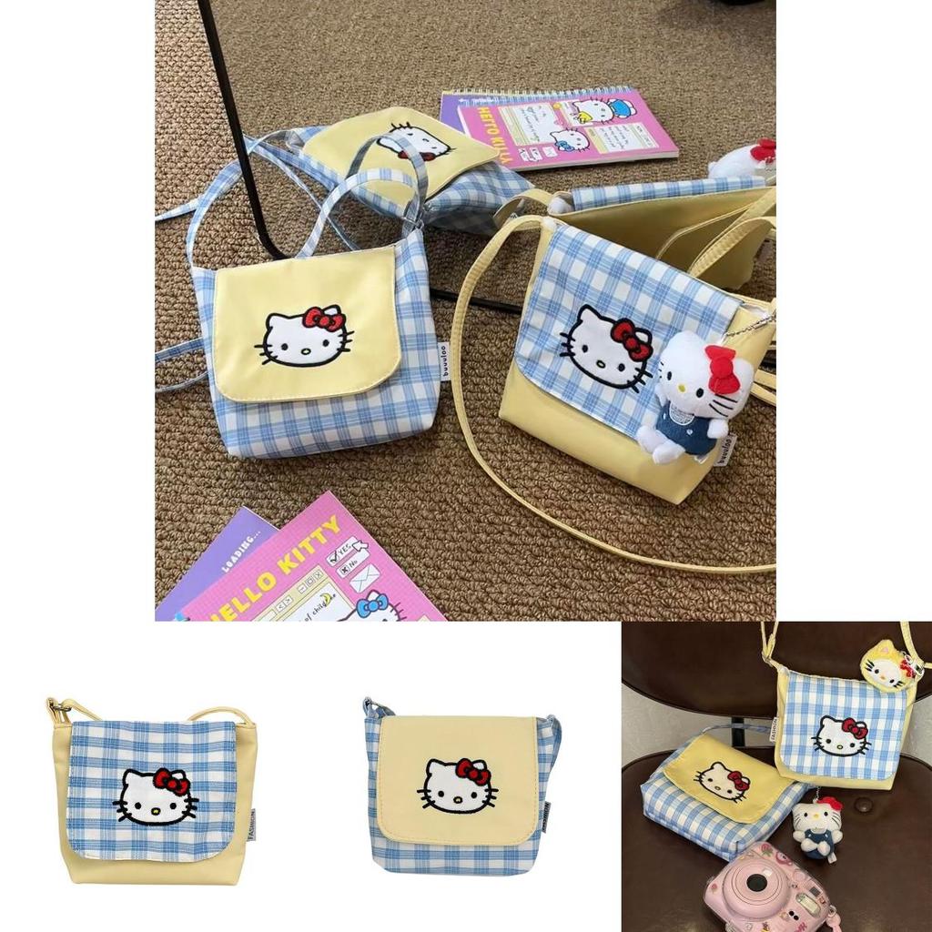 Hello Kitty Fashion Crossbody Bag With Plaid Pattern And Nylon Material For Women