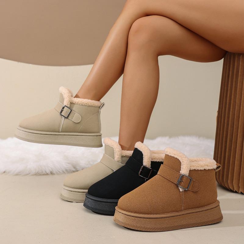 Women's Thick-Soled Buckle-Fastened Fleece-Lined Snow Boots 2025 Winter New Arrival Waterproof Warm Short Boots Slip-On Cotton Boots