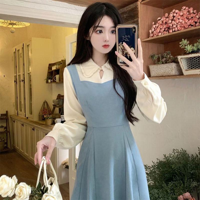 Solid Patchwork Square Neck Long Sleeve Fake Two Pieces Dresses Elegant Fashion Harajuku Female Clothes Casual All Match Skirt
