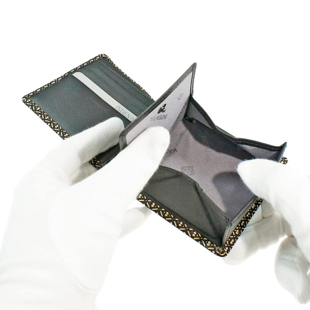 Inden Bill Compartment Coin Deerskin Black with White Gourd [Inden-ya] Bi-fold Wallet, S, Box-type Purse, Leather, Lacquer, Pattern, 2008-11-007