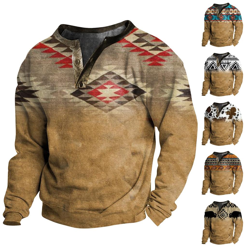 Men's Outdoor Vintage V-neck Button Long Sleeve Fashion Sports T-shirt