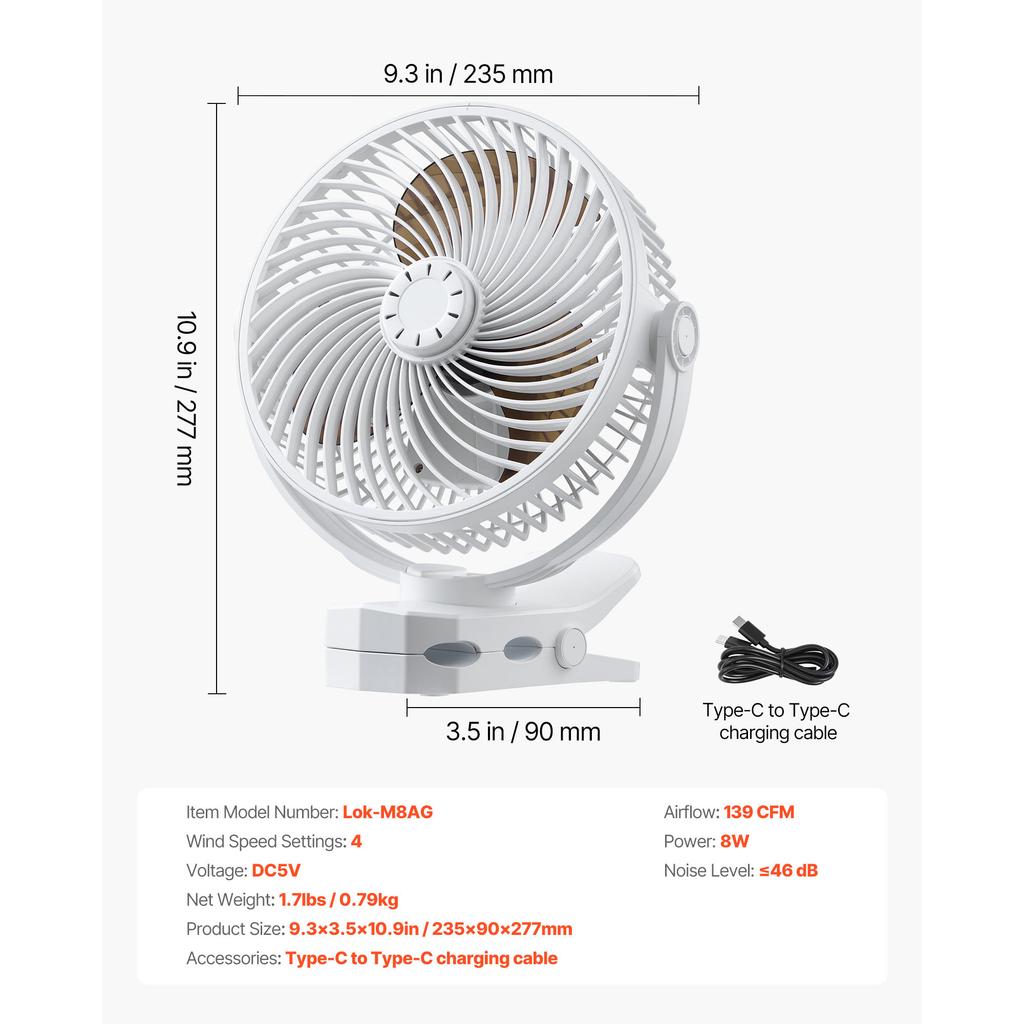 SucceBuy Plant/Portable Clip Rechargeable Fan USB Port with Circulation Mode Smart Control Powerful Oscillating Long Runtime