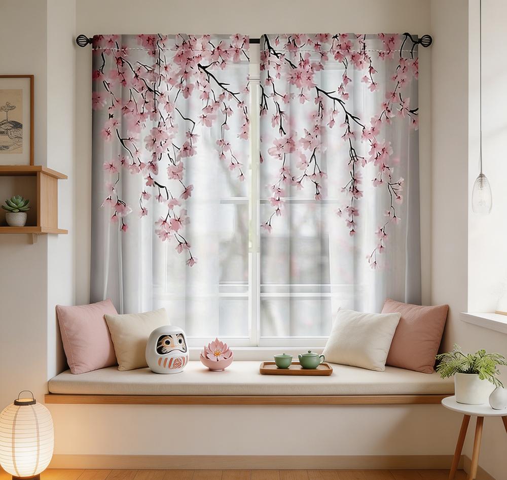 2PCS Digital Printed Curtains, Cherry Blossom Sakura Japanese Elegant, Rod Pocket Window Drapes for Living Room Bedroom Decor