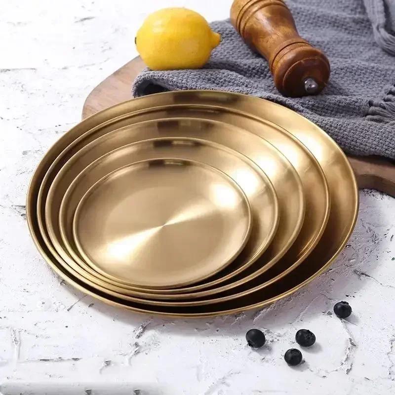Fashion Simple Dinner Plates Gold Dining Plate Serving Dishes Round Plate Cake Tray Western Steak Round Tray Kitchen Plates